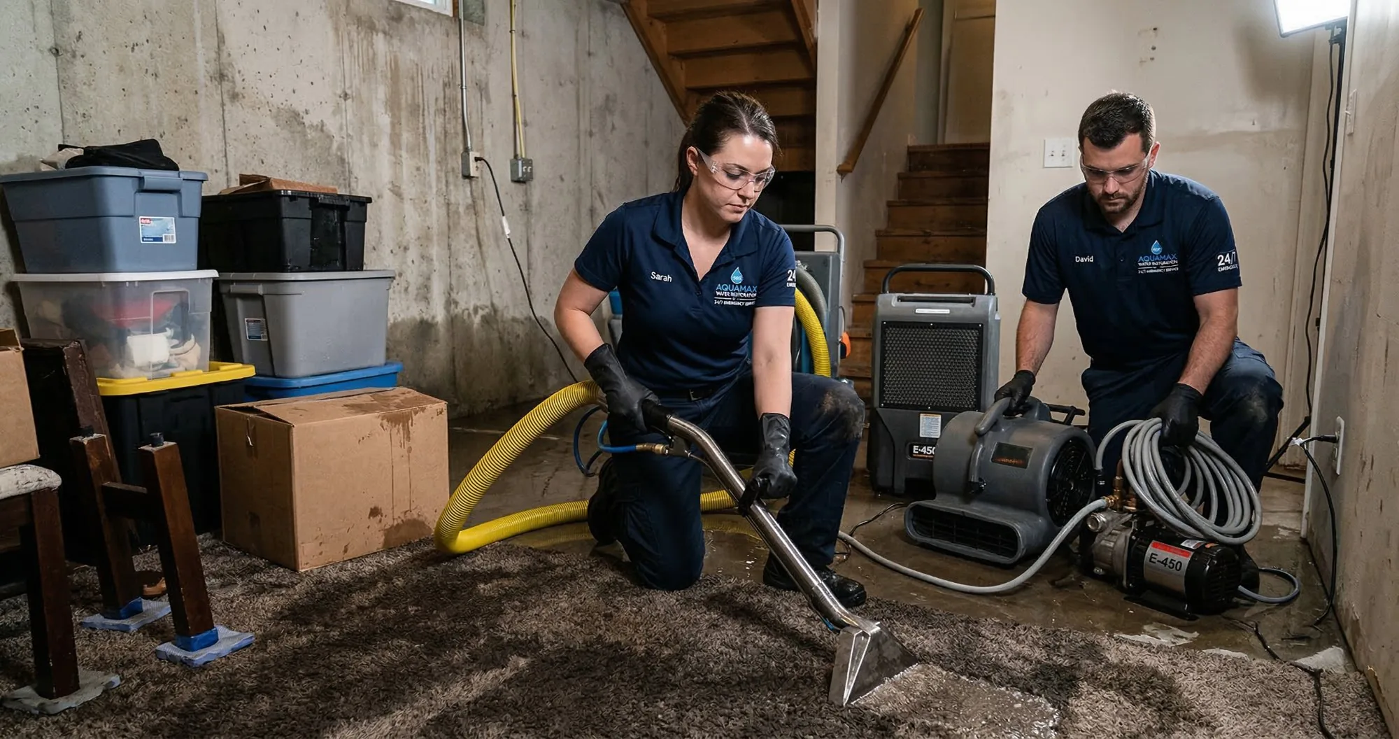 Water Removal LA technicians Sarah and David removing water from flooded basement in Los Angeles