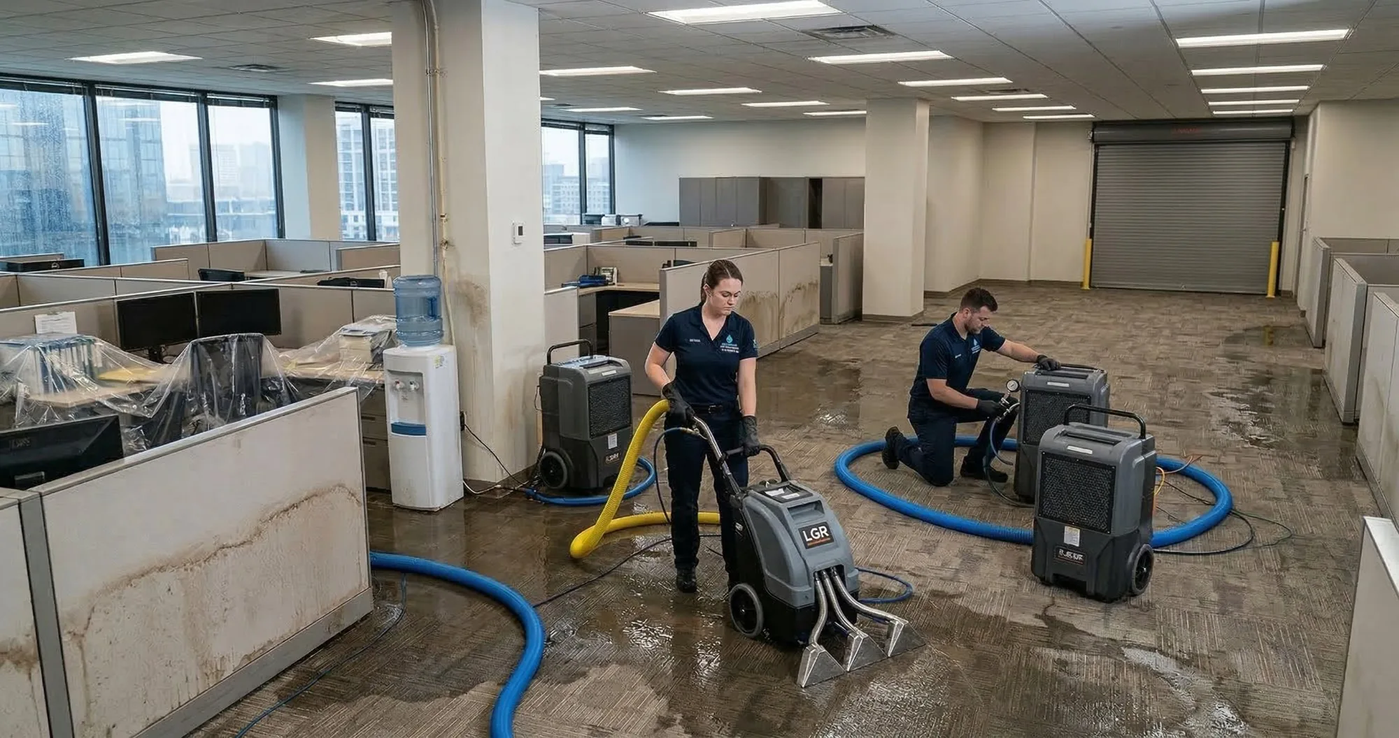 Commercial water removal team extracting flood water from Los Angeles office building